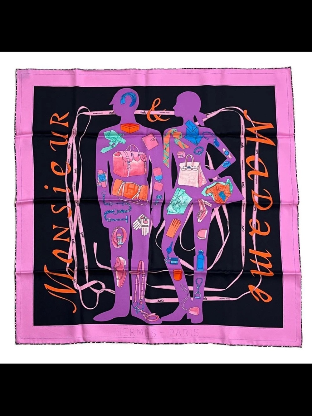 Hermes Pink and Black Silk Fashion-Illustration Scarf